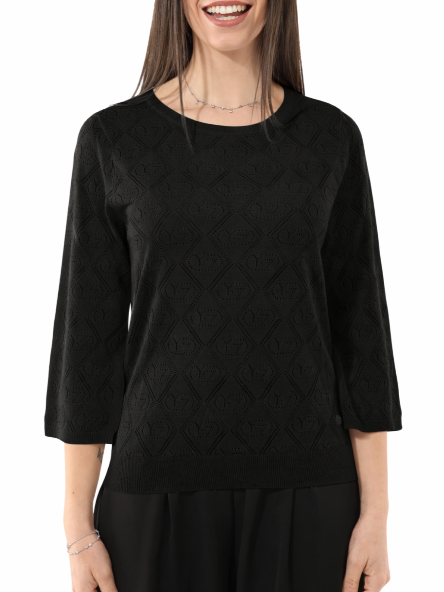 Yes Zee maglia traforata donna manica 3/4 nero M444-I400 0801 YES-ZEE 
