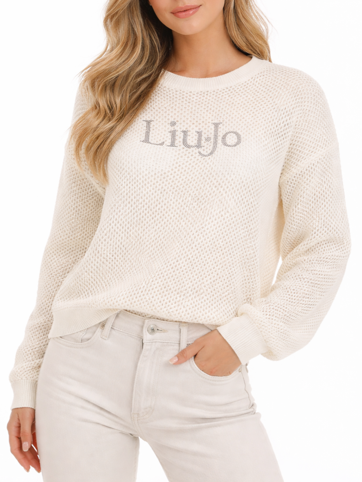 Liu Jo maglia traforata con logo strass panna TA6111MS71G 10105 LIU JO 