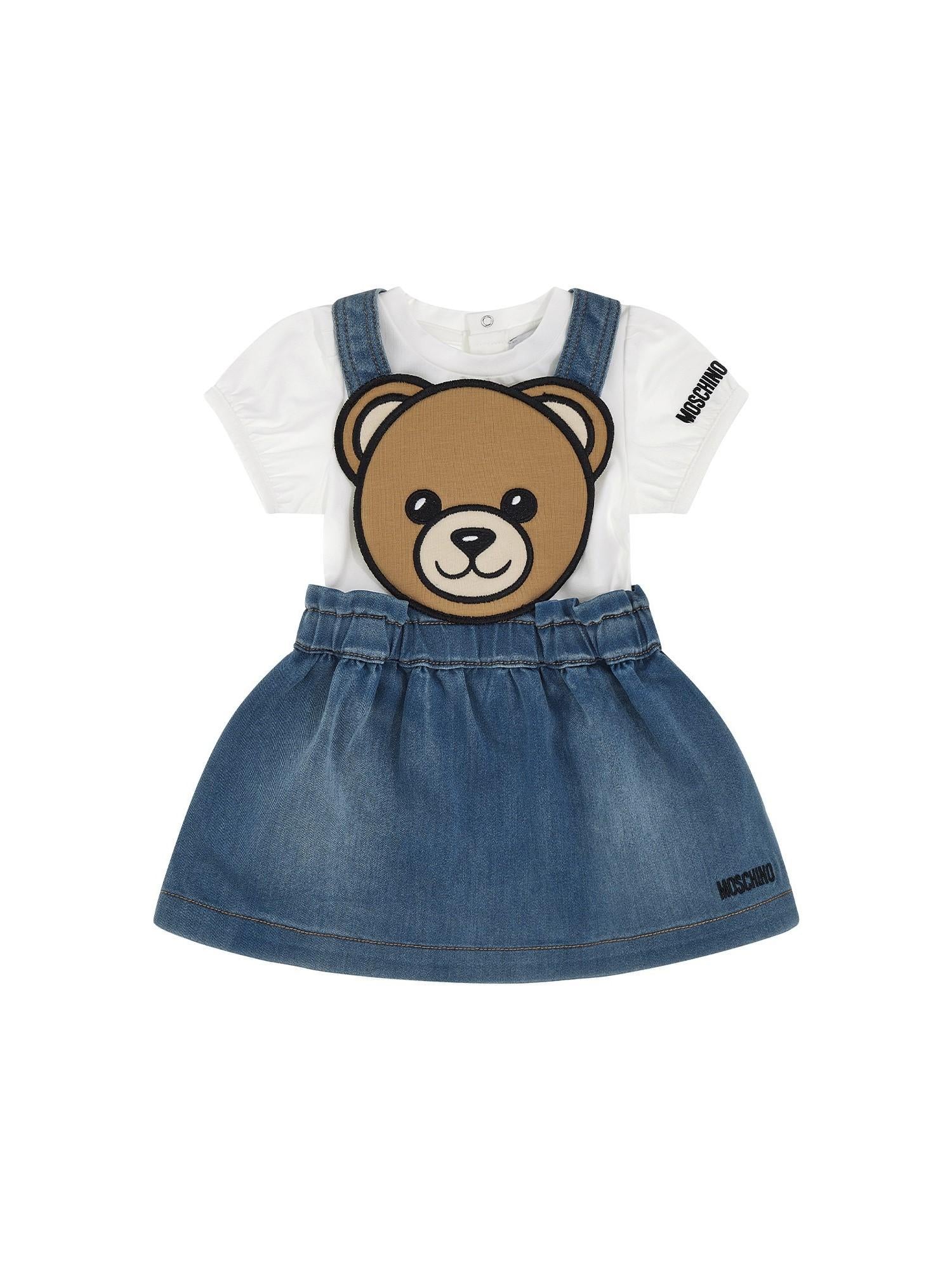 Moschino salopette con orsetto e T-shirt neonata bianco blu MDG01V-LXE43 40332 MOSCHINO 