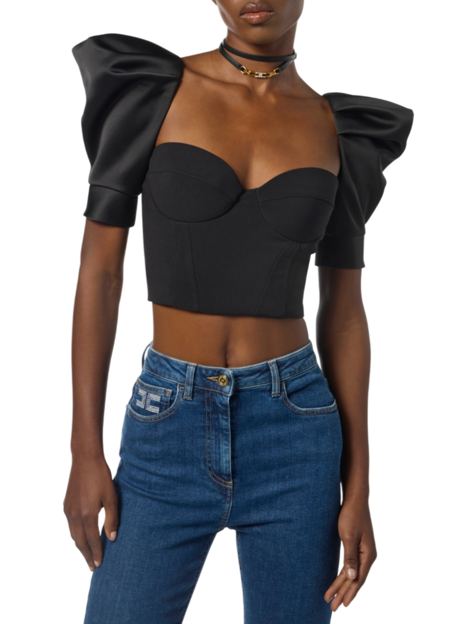 Elisabetta Franchi top in crepe e duchesse con manica palloncino nero TO02656E2 110 ELISABETTA FRANCHI 