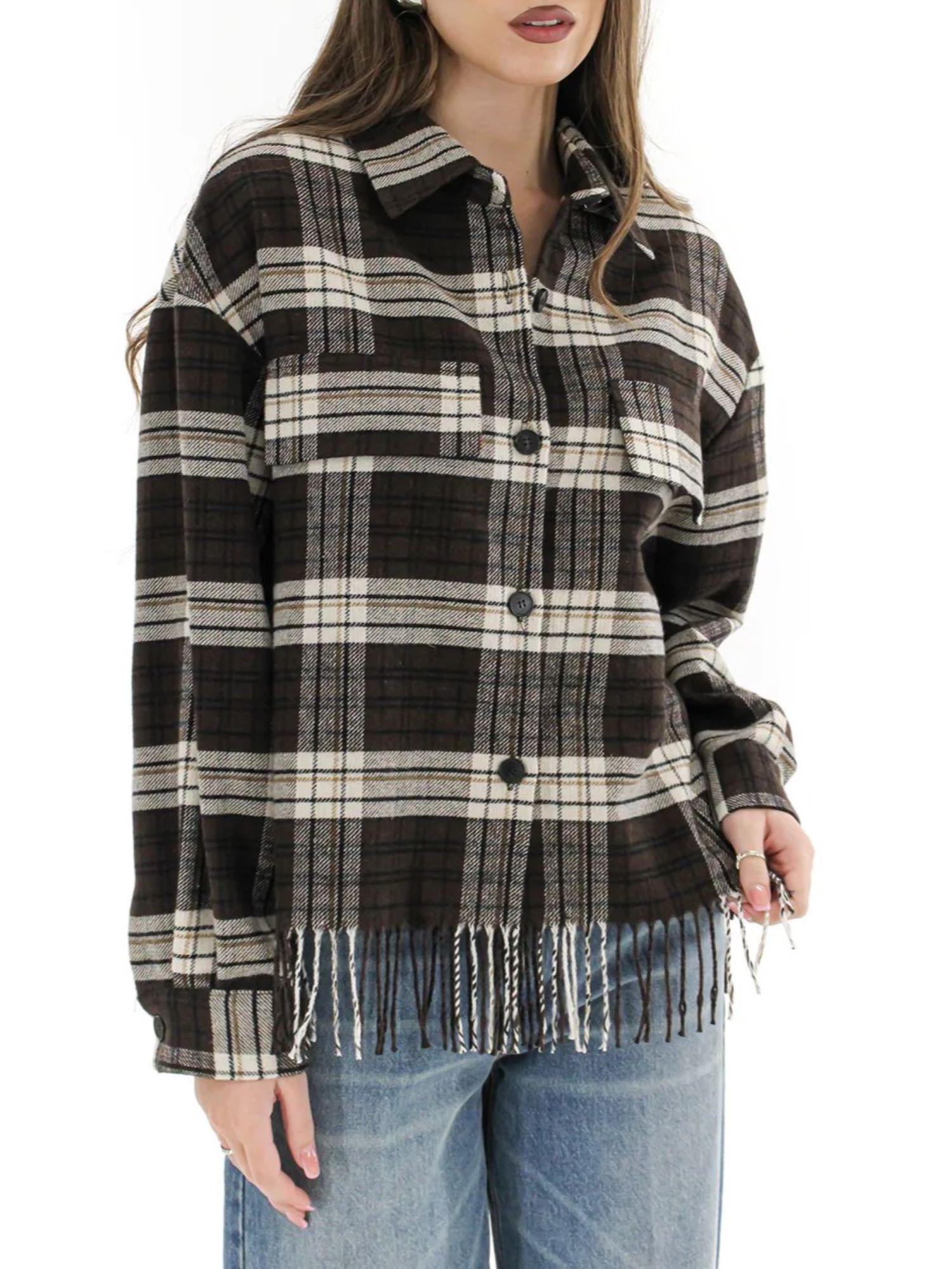 Vicolo camicia in fantasia scozzese con frange marrone TF2100 MARRONE-ECRU VICOLO 