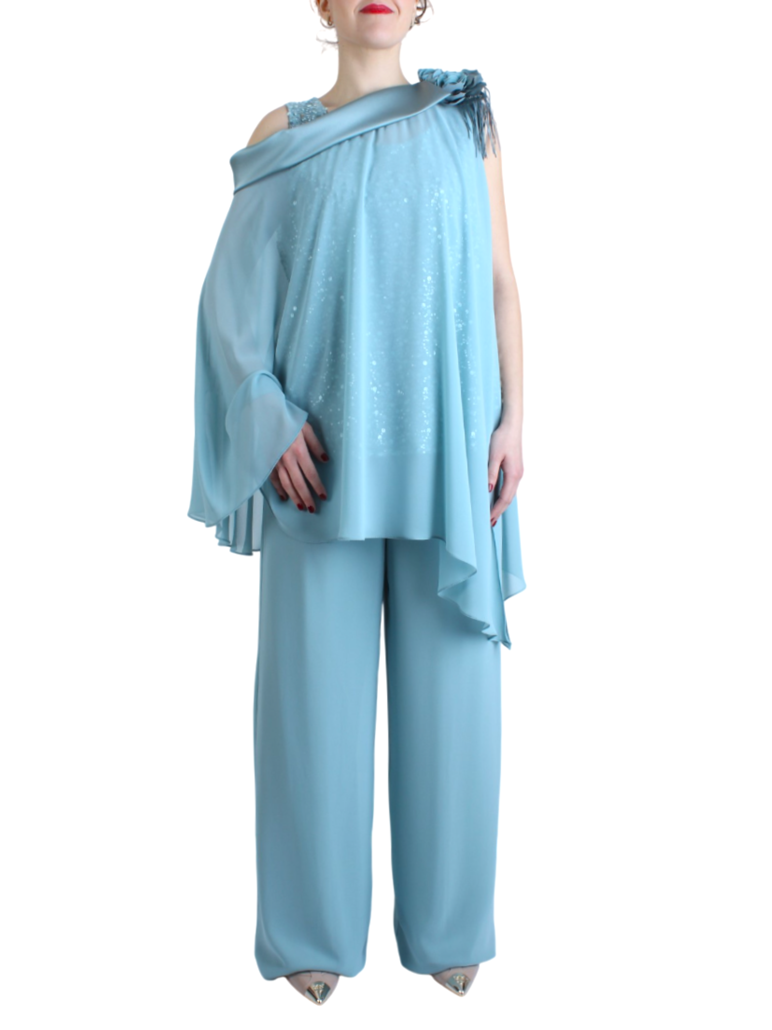 Impero Couture completo da cerimonia con pantaloni in georgette verde tiffany UBP38 TIFFANY IMPERO Couture 