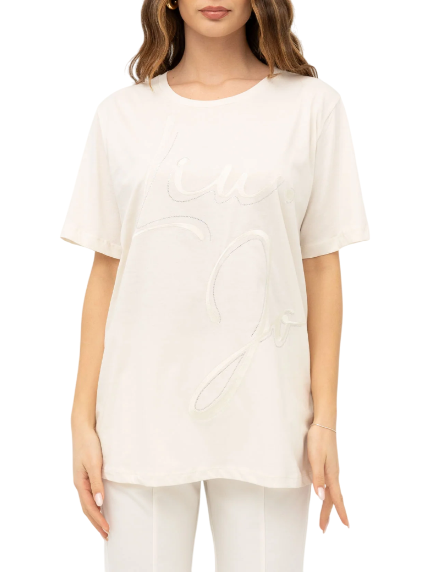 Liu Jo T-shirt manica corta oversize con logo strass bianco latte