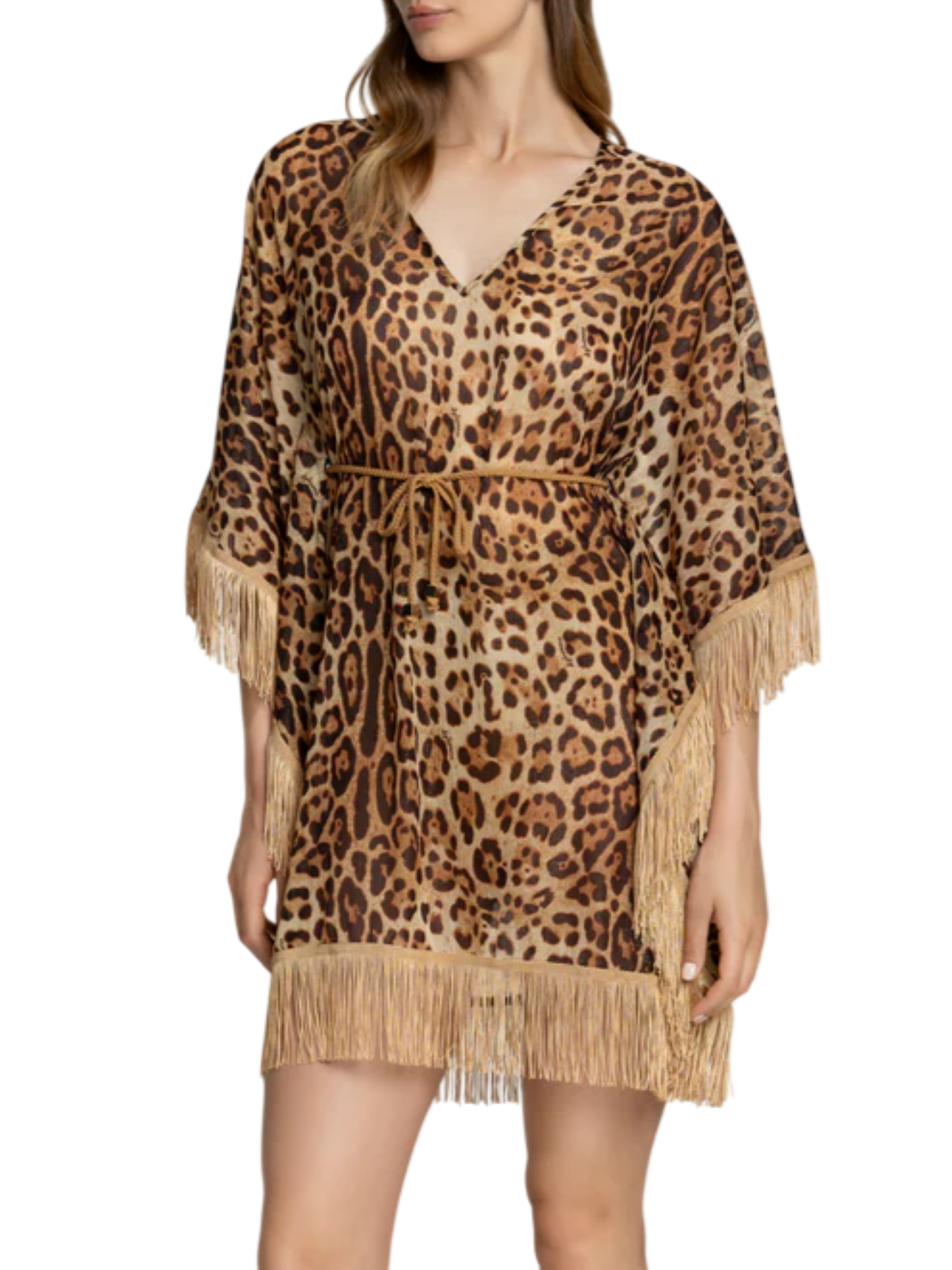 Me Fui caftano con frange in fantasia animalier beige 125WCUCF5134 200 4Giveness 