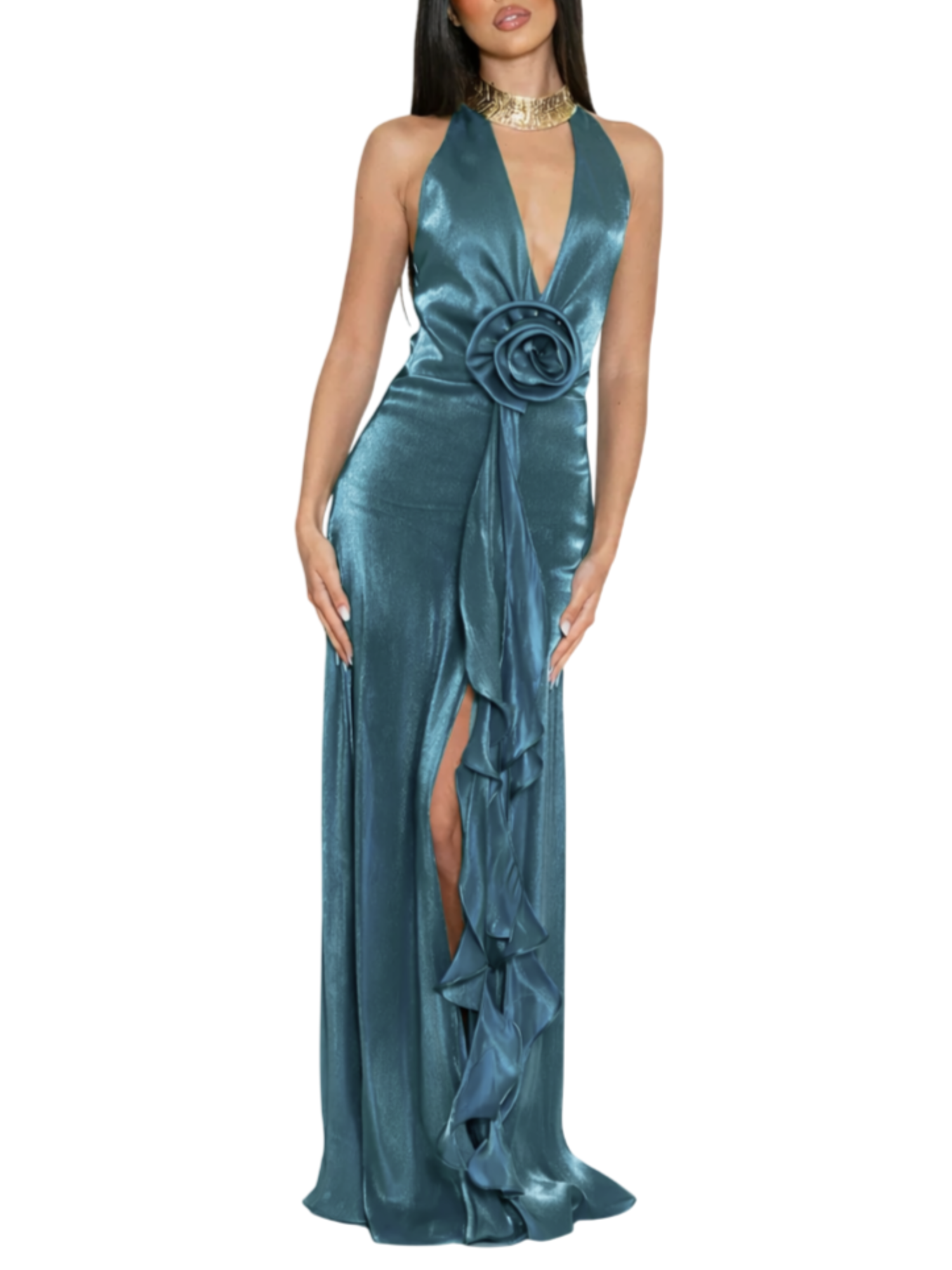 Silence abito lungo Rosabelle effetto laminato con fiore ottanio AB4244 LIGHT BLUE SILENCE 