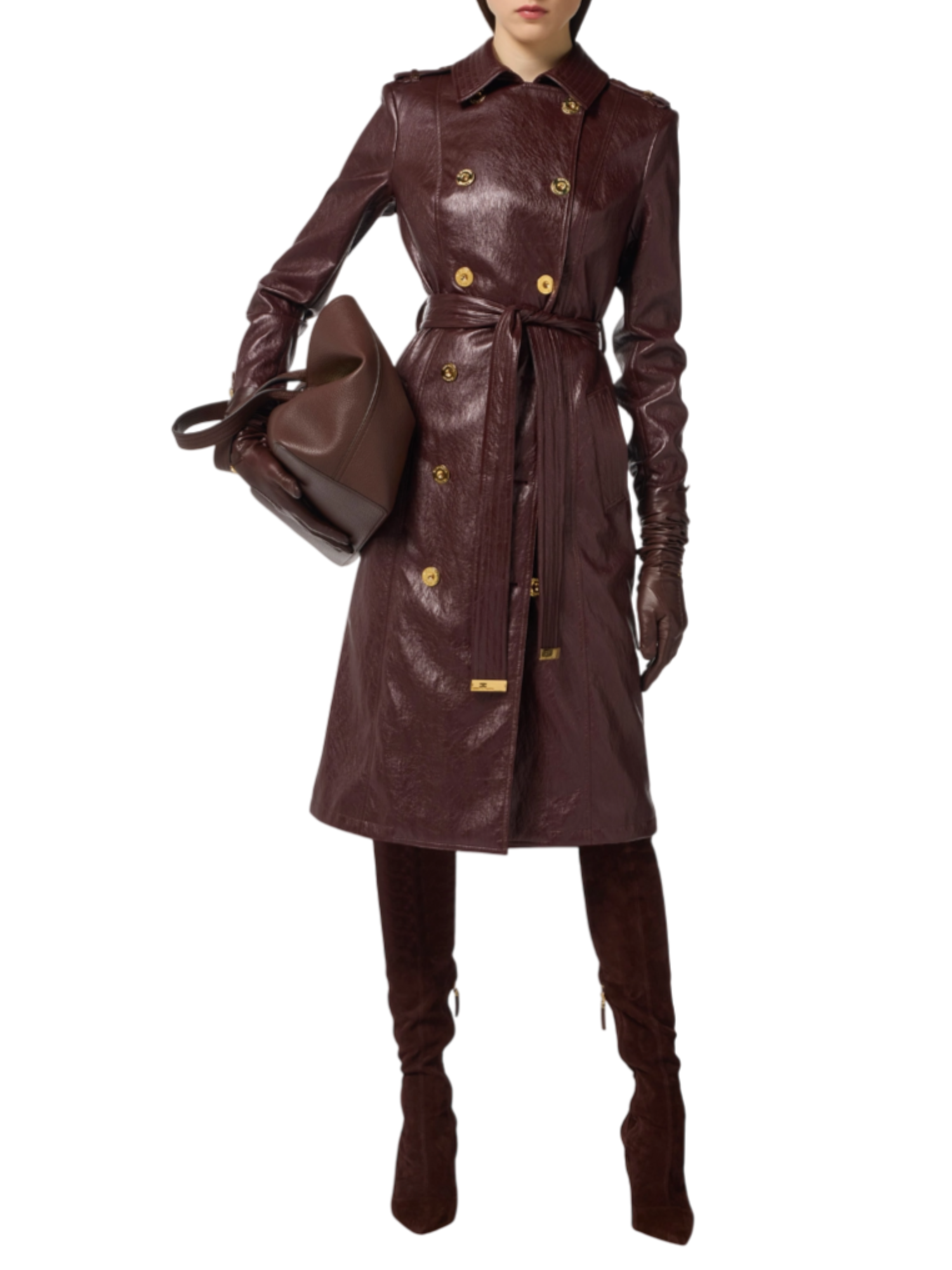 Elisabetta Franchi trench doppiopetto in ecopelle croquelè borgogna SP00256E2 EA4 ELISABETTA FRANCHI 