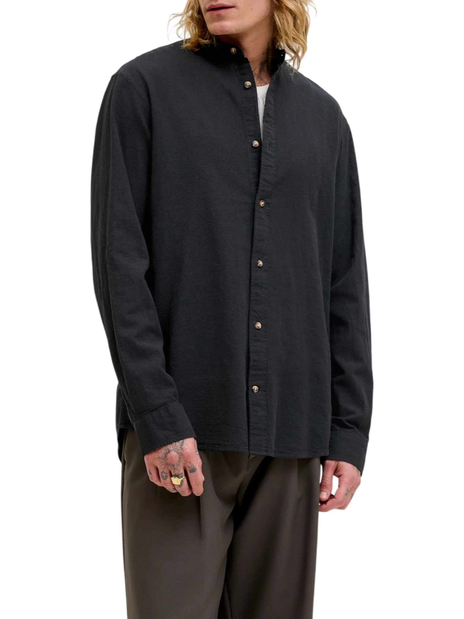Jack&Jones camicia alla coreana misto lino nero 12289184 BLACK JACK&JONES 