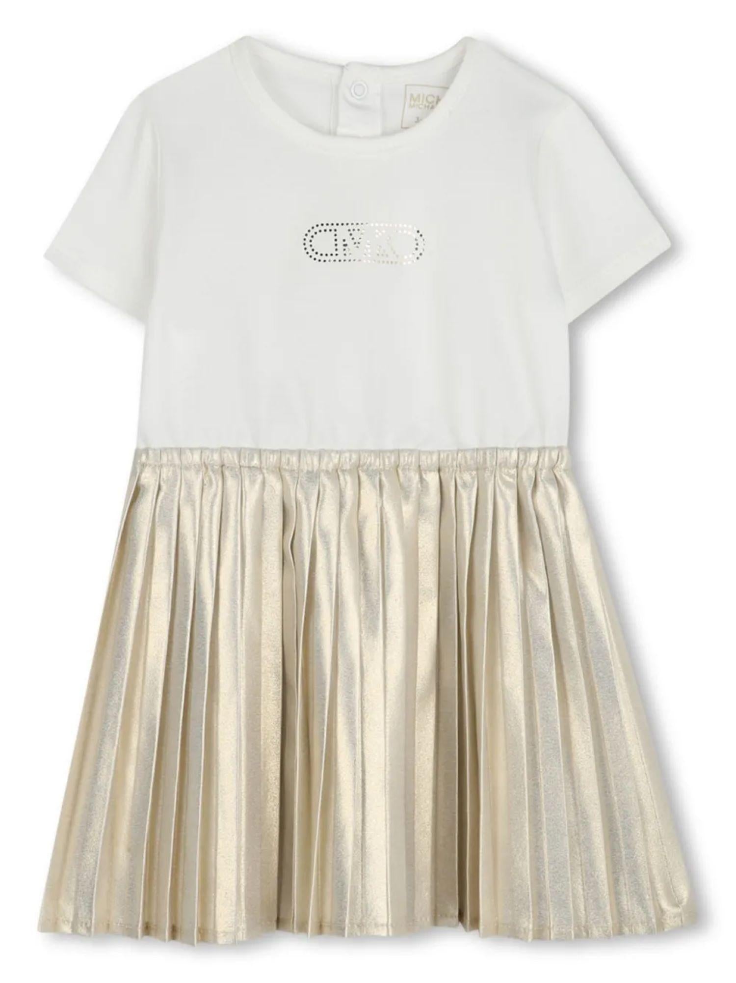 Michael Kors abito maniche corte con gonna plissè panna oro R30308 ECRU DORATO MICHAEL KORS 