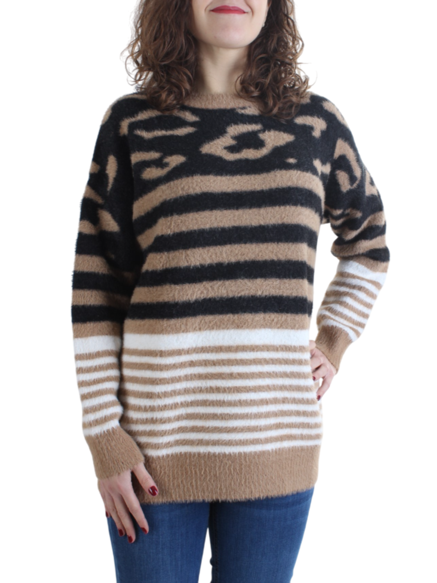 White Wise maglia girocollo fluffy in fantasia cammello nero WW19172 CAMMELLO WHITE WISE 