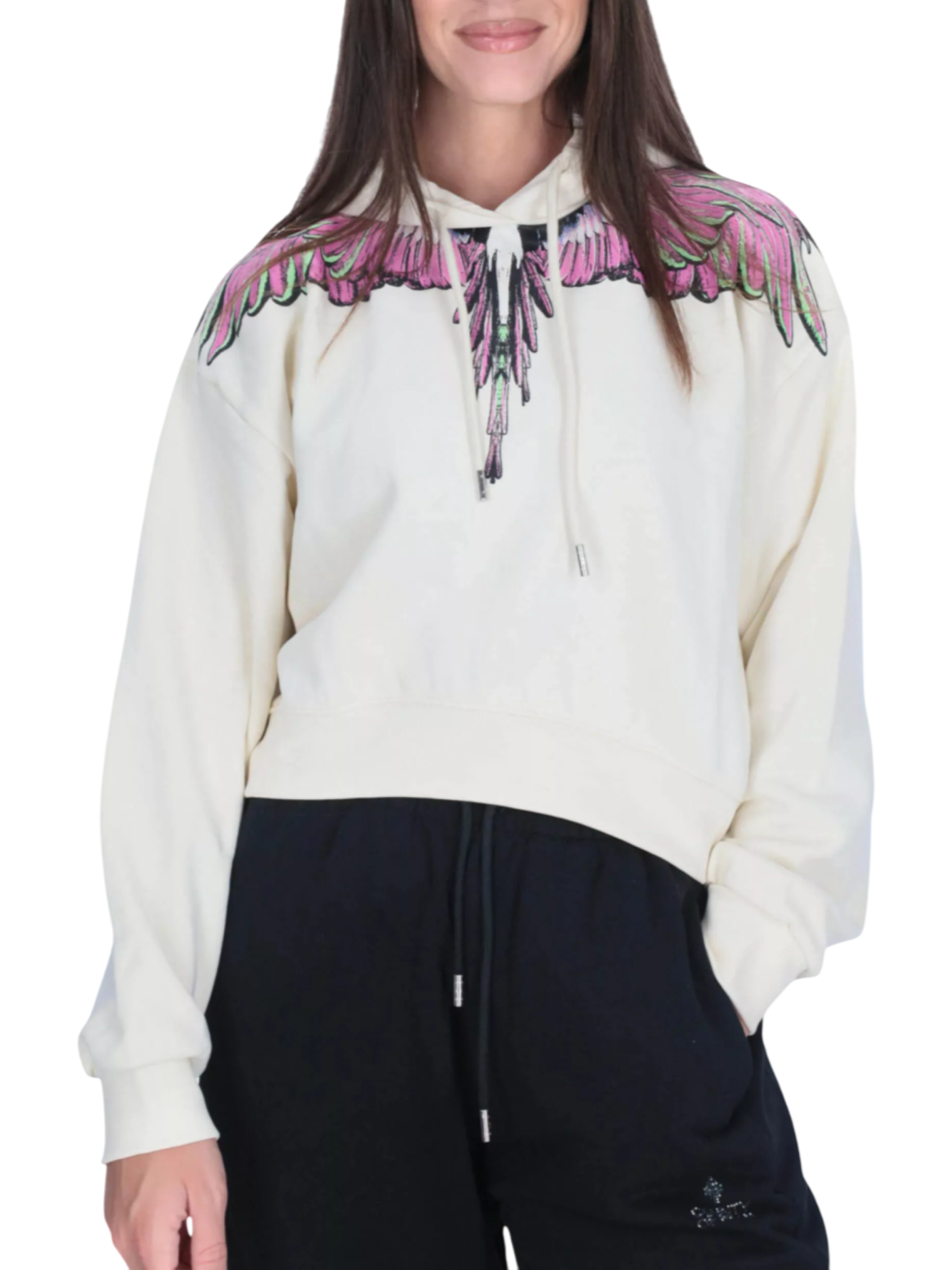 County of Milan felpa con cappuccio stampa iconica beige chiaro CM30000 LATTE-PINK WINGS COUNTY OF MILAN 