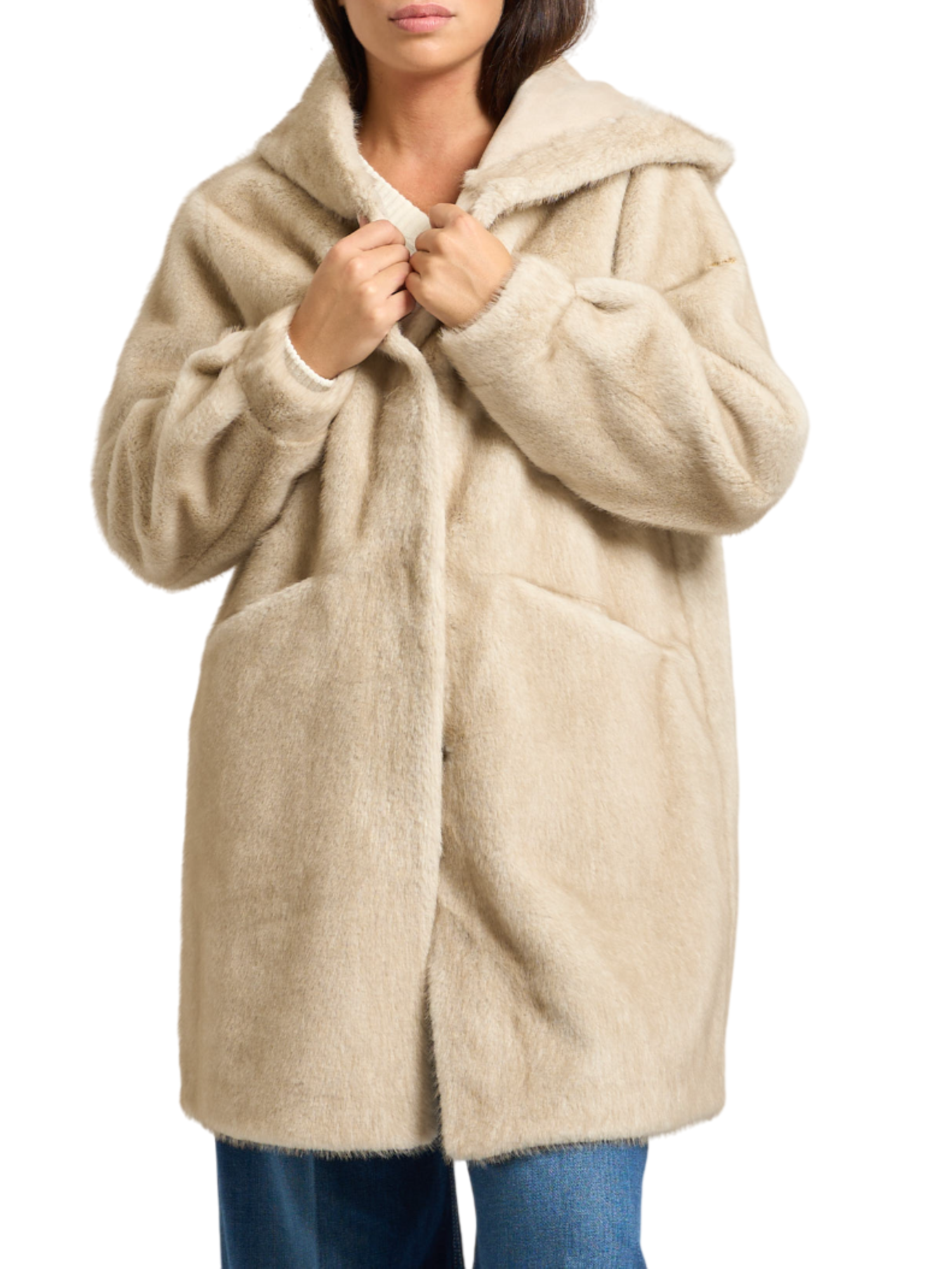 Yes Zee pelliccia ecologica con cappuccio beige O059-KI00 0222 YES-ZEE 