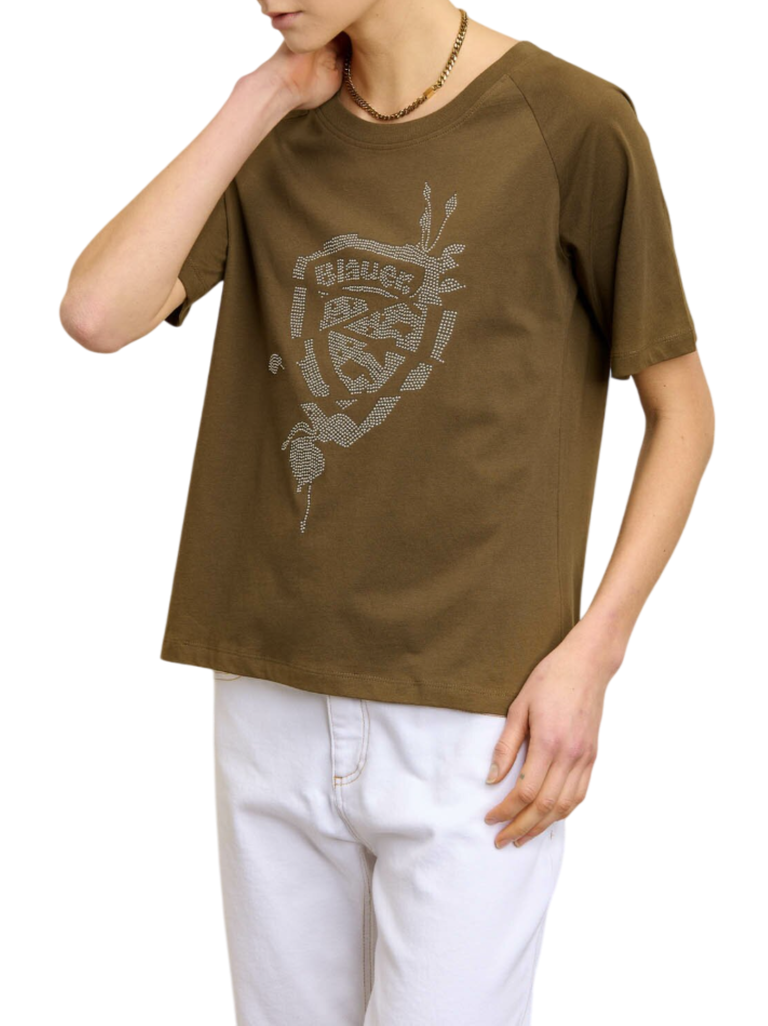Blauer T-shirt Havey manica corta con logo borchiato verde militare 25SBLDH02386-007144 657 BLAUER 