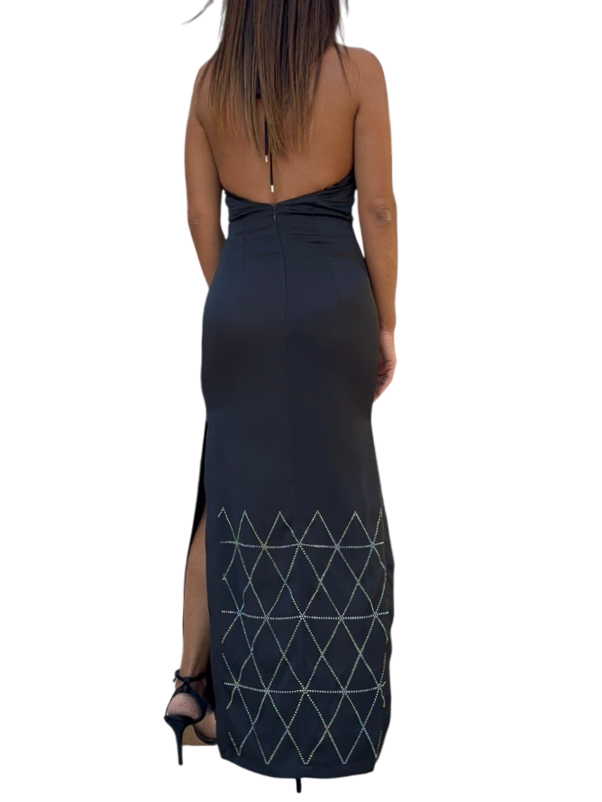 Simona Corsellini abito lungo satin con strass nero P25CEAB06301 0003 SIMONA CORSELLINI 