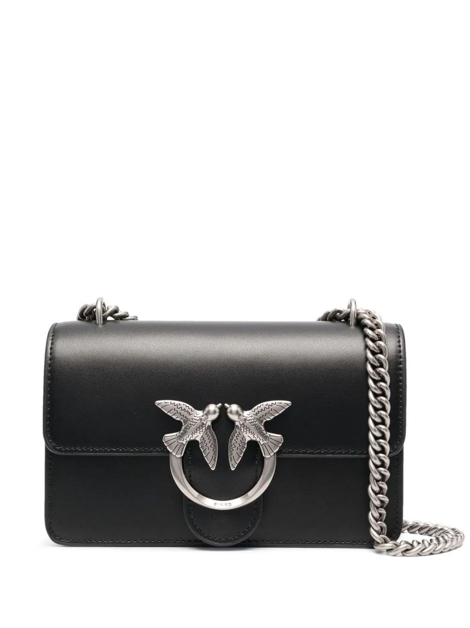 Pinko borsa Love One Mini in pelle con logo Love Birds nero argento