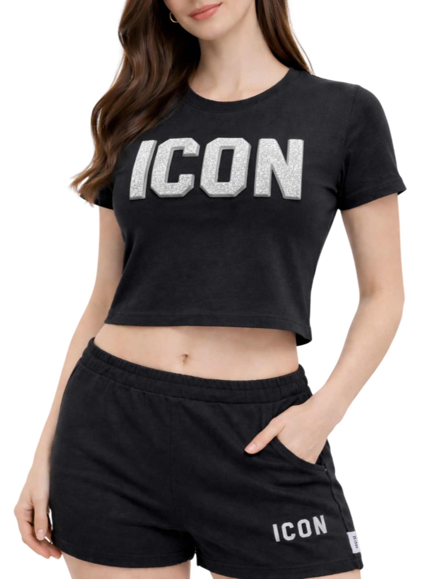Icon T-shirt crop donna con logo glitter nero IDT021 NERO ICON 