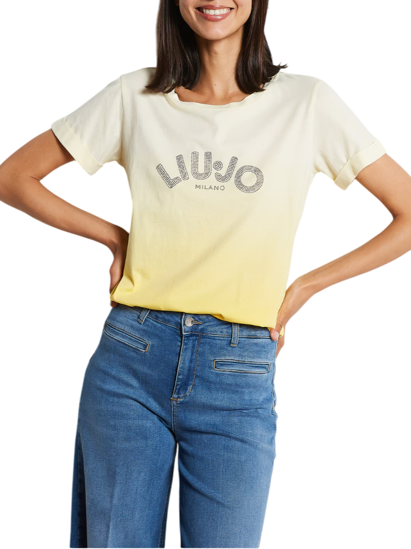 Liu Jo T-shirt manica corta effetto degradè con logo strass giallo