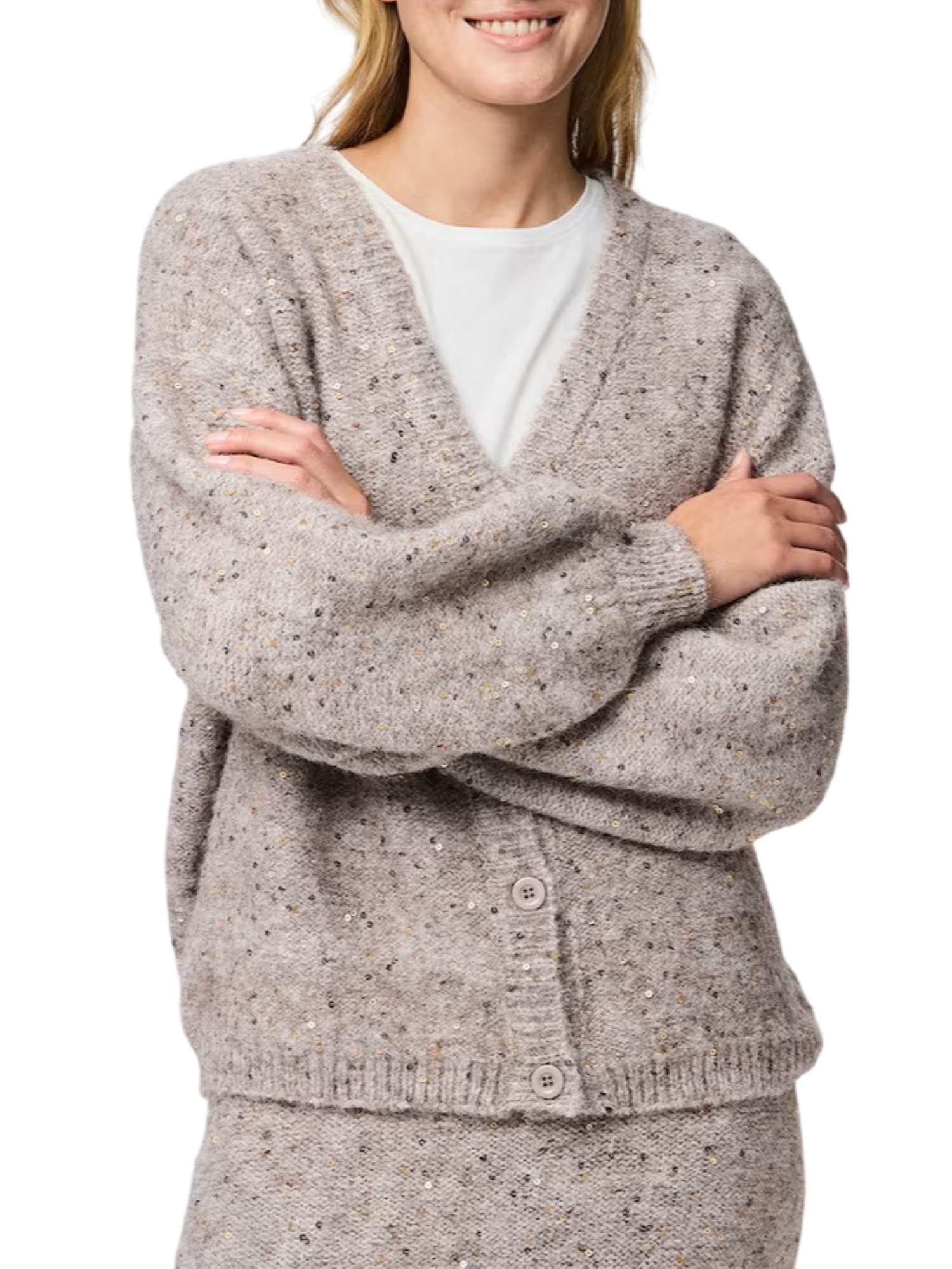 Pieces cardigan misto lana con paillettes tortora 17161227 GREIGE-TONE IN TONE PIECES 