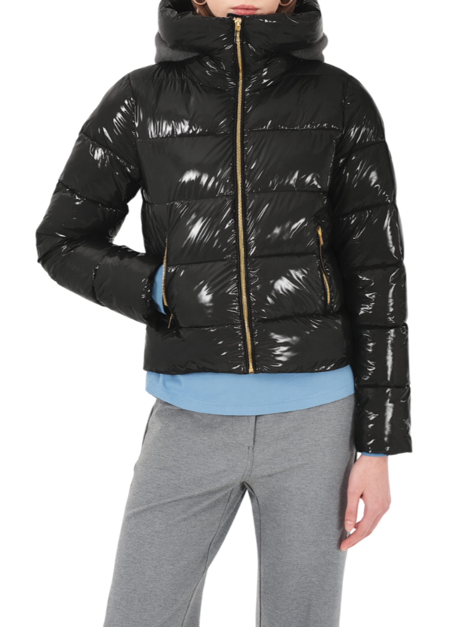 Yes Zee piumino corto donna con cappuccio nero J022-KF00 0801 YES-ZEE 