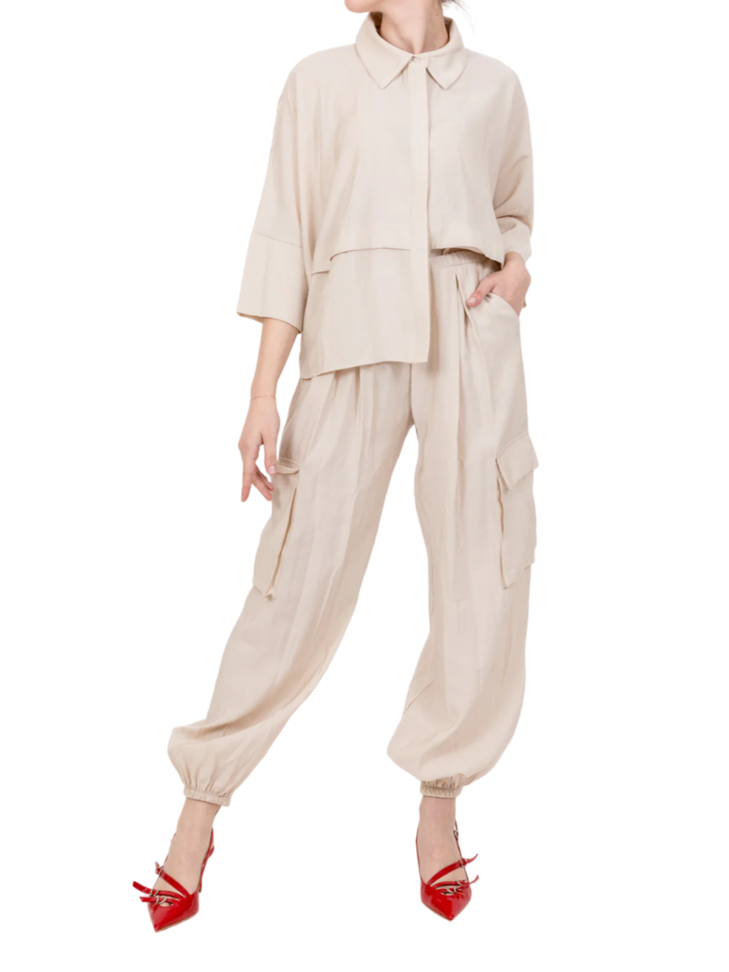 Tensione In pantaloni cargo con pinces beige chiaro MO457-4 GESSO TENSIONE IN 